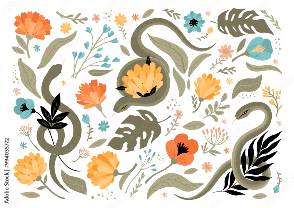 Fototapeta premium Set of snakes with flowers. Hand-drawn cute stickers. Simple flat vector illustration