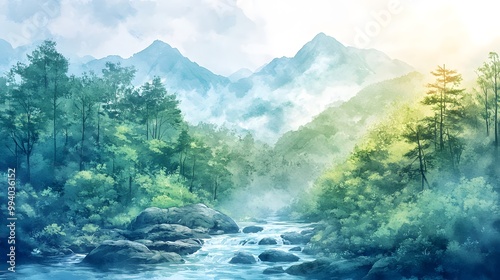 Peaceful mountain stream running through a forest, smooth watercolor strokes capturing the tranquility