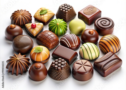 Richly textured assortment of colorful 3D rendered chocolates in various shapes and sizes gathered together on a pristine white background, evoking sweet indulgence.