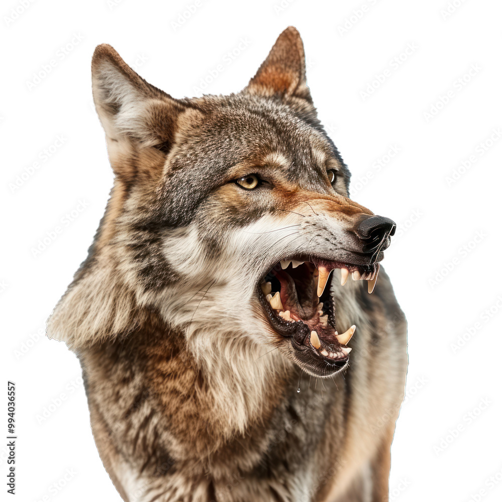 Fototapeta premium Eurasian wolf snarling showing teeth isolated on white background