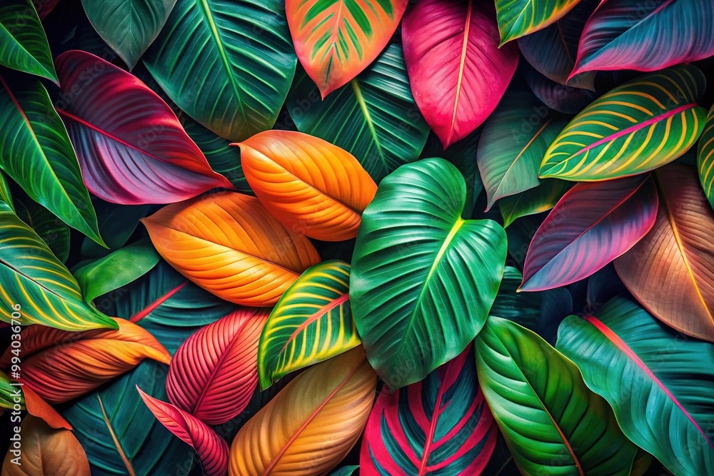Vibrant tropical leaves in shades of green, pink, and orange create a stunning colorful background, perfect for summer-themed designs and illustrations. Vibrant tropical leaves in shades of green, pink, and orange create a stunning colorful background, perfect for summer-themed designs and illustrations.