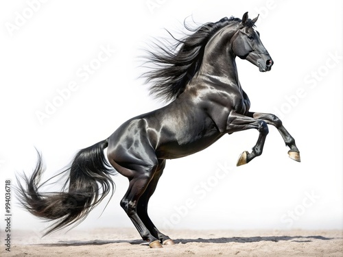 Magnificent black Arabian horse rears up on hind legs, mane flowing, muscles tensed, against a pure white background, evoking power, elegance, and freedom.