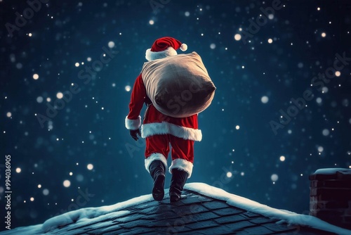 Back view of Santa Claus walking on a roof at night with a full sack delivering presents while snowing