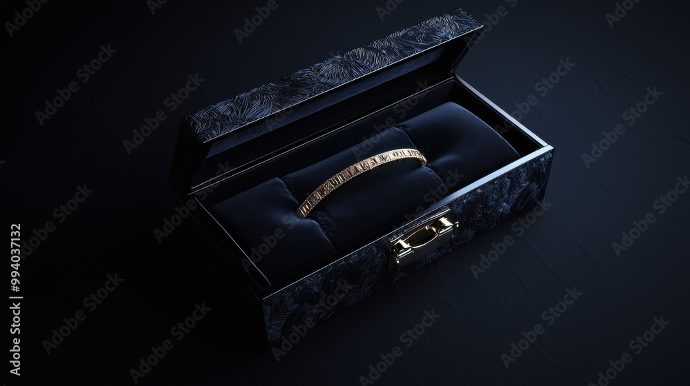 A luxurious gold bracelet elegantly displayed in a dark, ornate box, highlighting its refined beauty against the sleek backdrop. A luxurious gold bracelet elegantly displayed in a dark, ornate box, highlighting its refined beauty against the sleek backdrop.