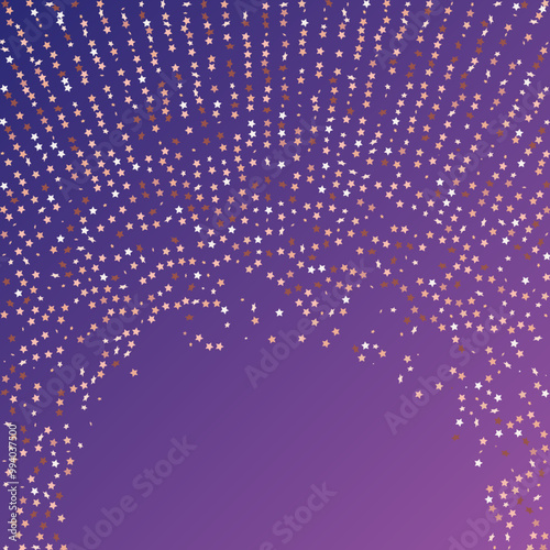 Star Sequin Confetti on Neon Purple Background. Isolated Flat Birthday Card. Golden Stars Banner. Vector Gold Glitter. Falling Particles on Floor. Christmas Party Frame. Voucher Gift Card Template.