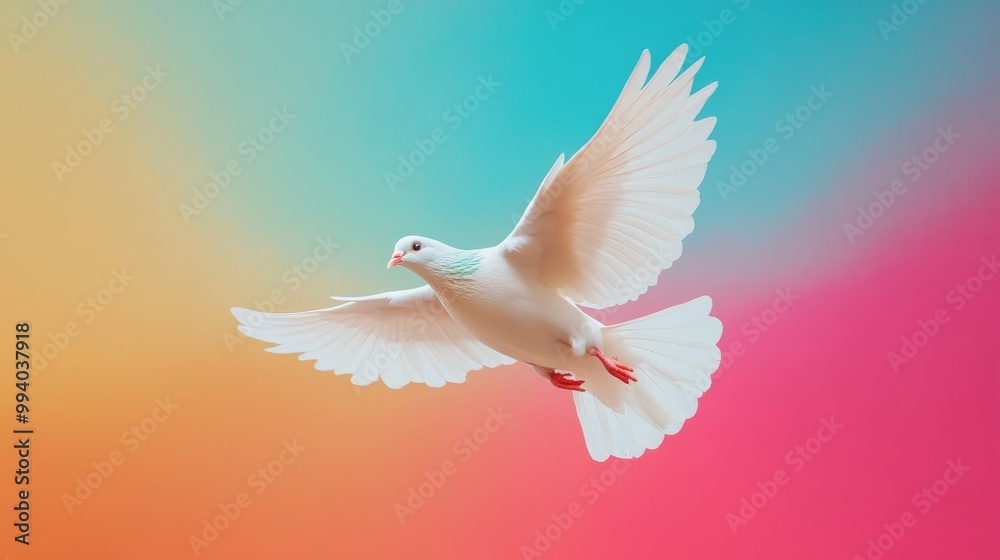 Dove flying gracefully on a multi-colored background, representing peace and freedom in a striking visual. Dove flying gracefully on a multi-colored background, representing peace and freedom in a striking visual.