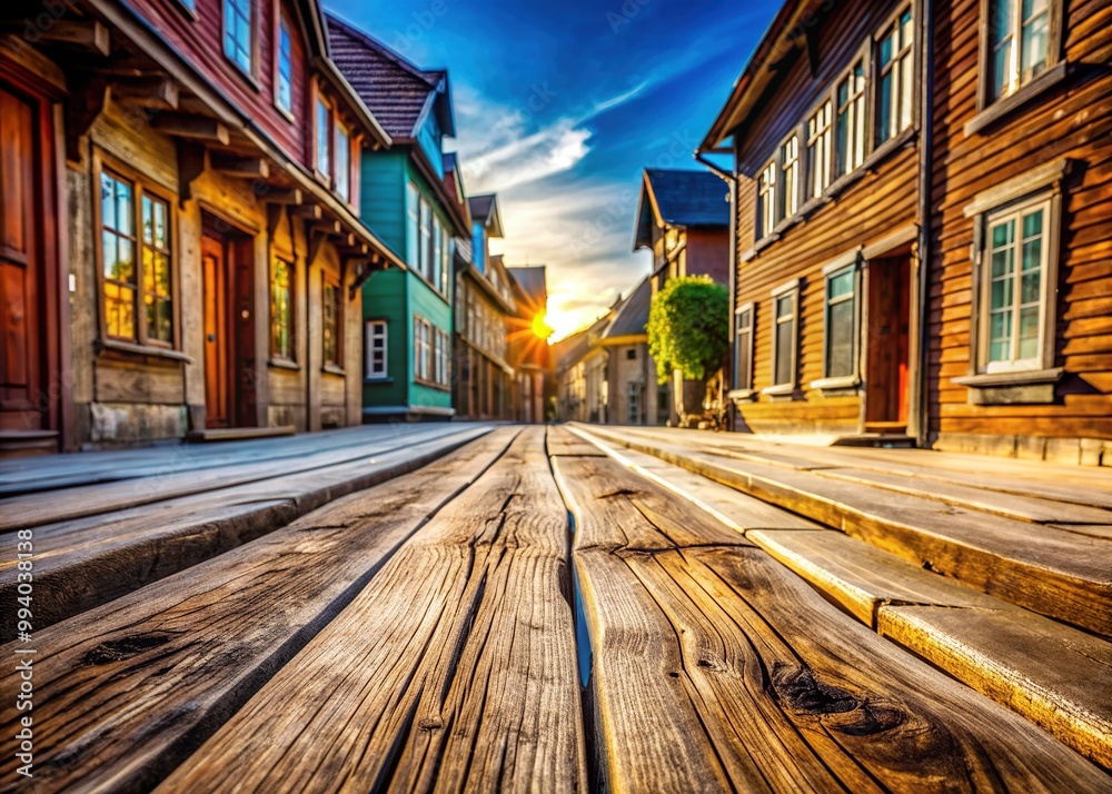 Fototapeta premium Weathered wooden planks glisten in the sun, outlining charming streets lined with historic buildings, evoking a sense of nostalgia and timelessness in a quaint town setting.