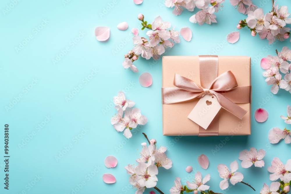 Blossoming cherry flowers gift box on pastel blue background Blossoming cherry flowers gift box on pastel blue background