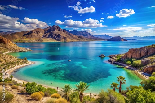 Serene La Paz Bay in Baja California Sur, Mexico, showcases turquoise waters, rugged shoreline, and surrounding Sierra de la Laguna mountains under sunny blue skies.