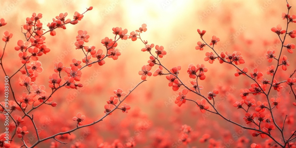Vibrant red blossoms blooming in soft sunlight during a serene spring morning in a garden Vibrant red blossoms blooming in soft sunlight during a serene spring morning in a garden