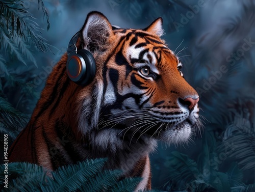 A tiger with glowing headphones, prowling through a misty jungle at night, listening to music, magical and mysterious atmosphere