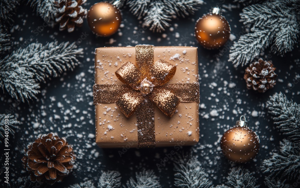 A beautifully wrapped Christmas gift surrounded by festive decorations and snow-covered pine branches A beautifully wrapped Christmas gift surrounded by festive decorations and snow-covered pine branches