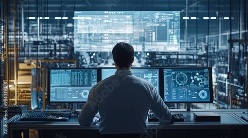 A factory manager overseeing the production process from a control room, with screens displaying real-time data, emphasizing the role of technology in managing and optimizing manufacturing operations