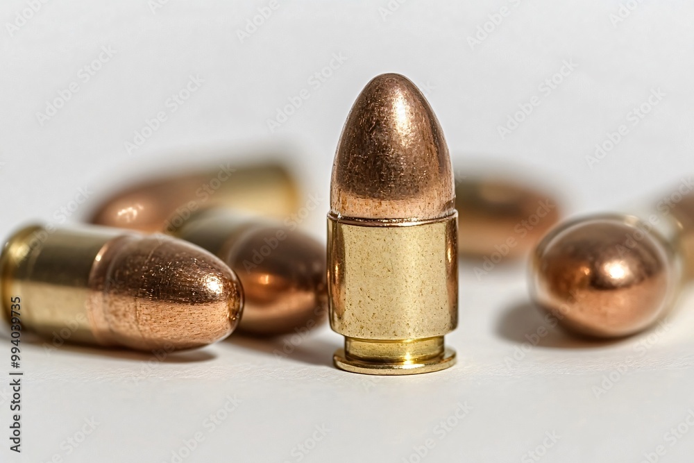 Scattering of 9mm bullets on a white background, one standing upright in the center, symbolizing danger and power. Close-up shot highlights details of copper and brass ammunition Scattering of 9mm bullets on a white background, one standing upright in the center, symbolizing danger and power. Close-up shot highlights details of copper and brass ammunition