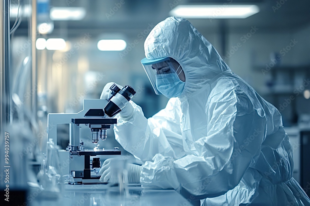 Medical scientist in a hazmat suit examines samples in a lab, using advanced technology for healthcare research Medical scientist in a hazmat suit examines samples in a lab, using advanced technology for healthcare research