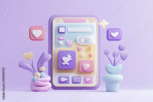 A colorful 3D phone interface with playful icons and decorative plants.