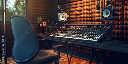 Close-up of podcasting equipment in a studio, featuring a mixing console and headphones, symbolizing professional audio production, generative ai