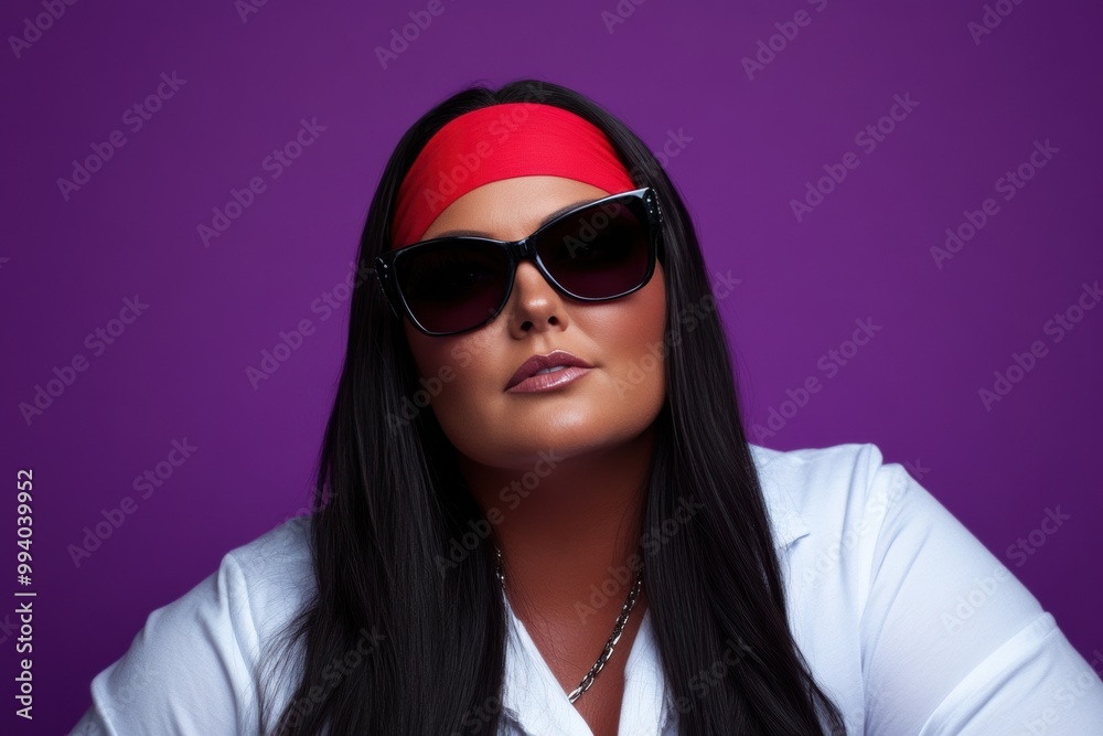 Fashionable woman with red headband sunglasses on purple background