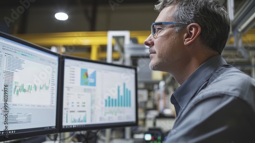A factory manager reviewing operational excellence metrics on a digital dashboard, with charts and graphs displaying real-time data, highlighting the focus on efficiency and continuous improvement