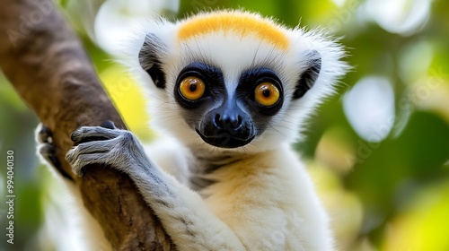 A curious, young, white and black crowned lemur with bright orange eyes looks directly at the camera, perched on a branch in a lush green rainforest. photo