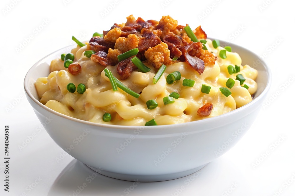 Creamy macaroni and cheese dish tops with crispy smoked bacon bits and garnished with fresh chives, isolated on a pure white clean background. Creamy macaroni and cheese dish tops with crispy smoked bacon bits and garnished with fresh chives, isolated on a pure white clean background.