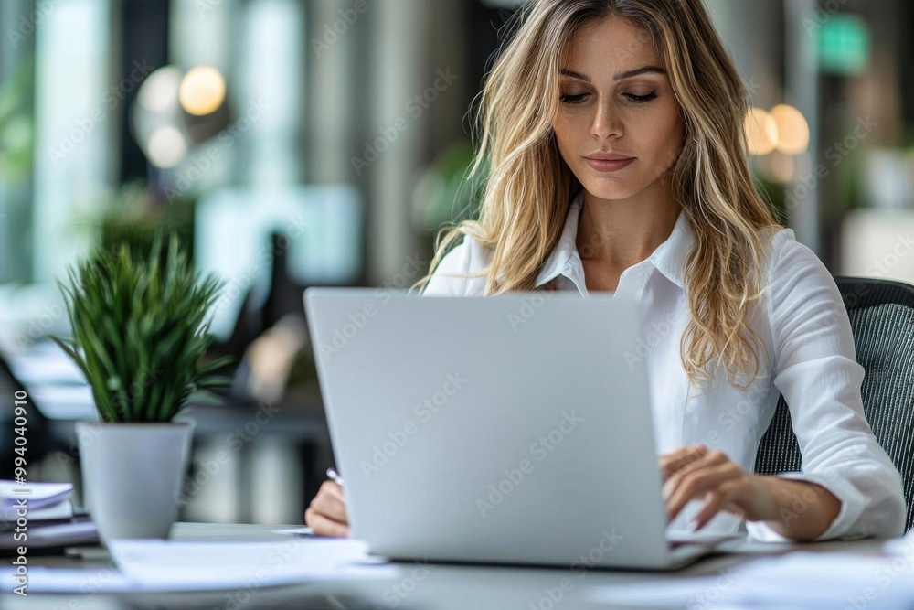 A focused woman working on a laptop in a modern office setting with indoor plants. A focused woman working on a laptop in a modern office setting with indoor plants.