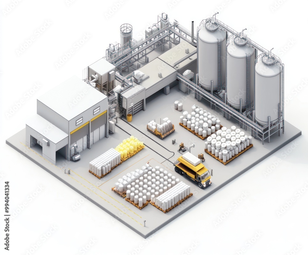 A detailed industrial facility with storage tanks and containers for processing materials. A detailed industrial facility with storage tanks and containers for processing materials.