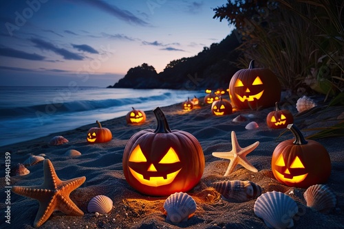 Mysterious Halloween Beach with Illuminated Pumpkins Unique Starfish and Beautiful Seashells at Dusk photo