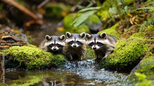 A playful family of raccoons exploring a moss-covered forest stream photo