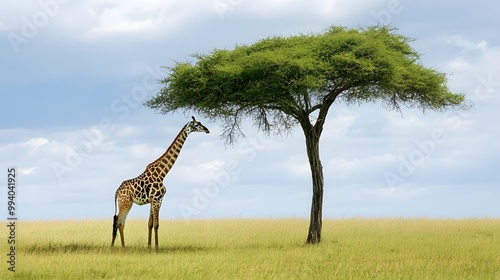 A solitary giraffe browsing the treetops of an acacia tree in the African savannah