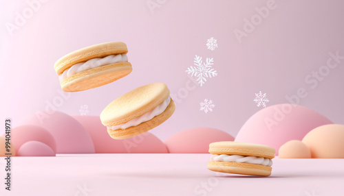 Delightful ice cream sandwiches drifting like snowflakes in pastel setting photo