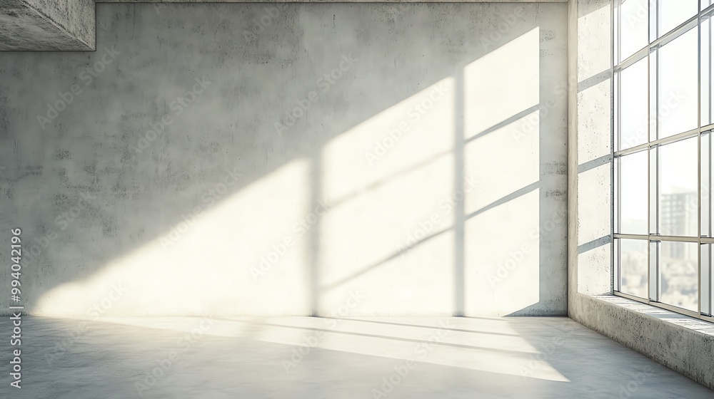 Obraz premium Spacious interior with concrete walls and large windows, showcasing natural light and a minimalist design aesthetic.