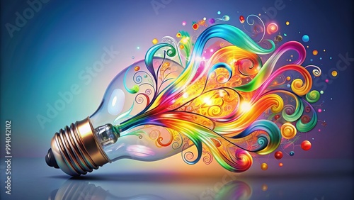 Vibrant, whimsical illustration of a light bulb with swirling patterns and colorful sparks, symbolizing creative thinking, inspiration, and bright innovative ideas in a playful way. photo