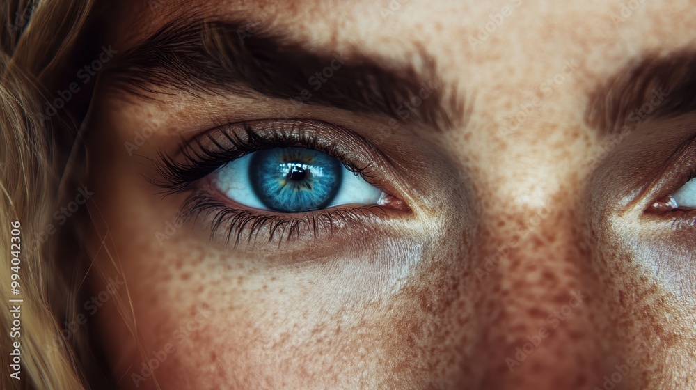 This image captures a close-up of a blue-eyed individual with freckles, highlighting the texture of the skin and the detail of the wavy hair framing the face. This image captures a close-up of a blue-eyed individual with freckles, highlighting the texture of the skin and the detail of the wavy hair framing the face.