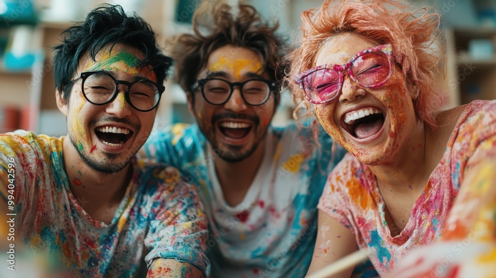 Three friends laughing with splashes of paint on them, captured in a lively setting. They wear glasses, showcasing a moment of pure joy and camaraderie. Three friends laughing with splashes of paint on them, captured in a lively setting. They wear glasses, showcasing a moment of pure joy and camaraderie.