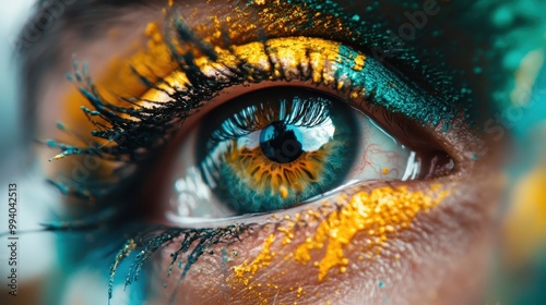 A visually stunning abstract image of a blue eye partially out-of-focus, featuring bright colors and dreamlike details, evoking a sense of wonder and mystery.