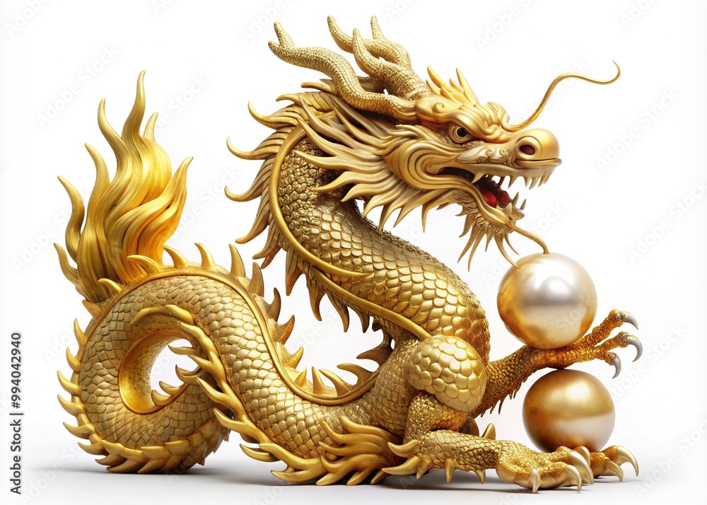 Obraz premium Majestic golden Chinese dragon statue with intricate scales and fiery pearl, isolated on a pure white background, symbolizing power, luck, and prosperity in Asian culture.