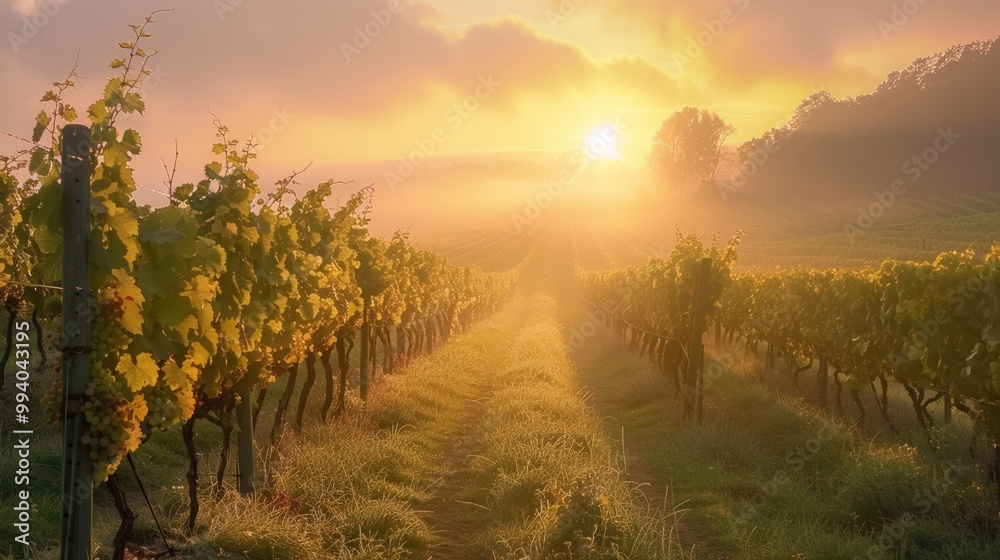 Fototapeta premium Sunrise Over Lush Vineyard Rows in a Recovered War Region Representing Growth and Resilience