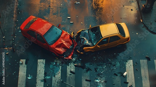 Aerial view of a dramatic car crash between a red and yellow car on the street.