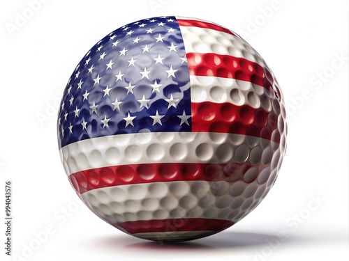 Patriotic golf ball with precision-cutout of national flag against pure white background, symbolizing American pride and precision in the game of golf.