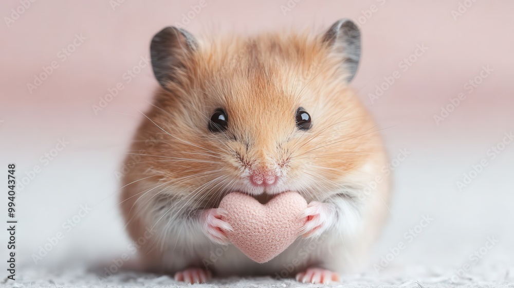 An adorable hamster is featured holding a heart-shaped item, with a light pink background providing a soothing and gentle setting, underscoring themes of love and tenderness. An adorable hamster is featured holding a heart-shaped item, with a light pink background providing a soothing and gentle setting, underscoring themes of love and tenderness.