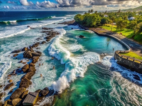 Aerial perspective of powerful ocean waves crashing over rocky coastline, flooding tidal pool where kids swim, showcasing tropical beach scenery in Reunion Island. photo