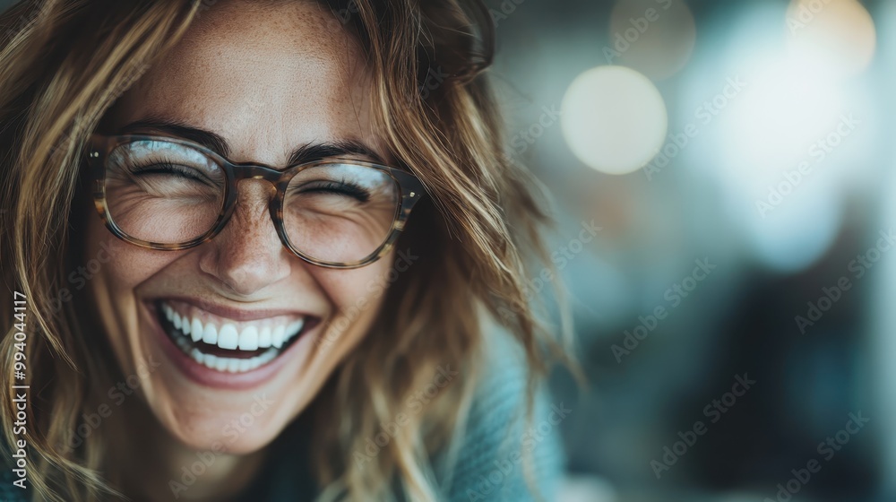 A woman with glasses laughs heartily, epitomizing joy and warmth in a friendly, relaxed environment, capturing a moment of pure, spontaneous happiness. A woman with glasses laughs heartily, epitomizing joy and warmth in a friendly, relaxed environment, capturing a moment of pure, spontaneous happiness.