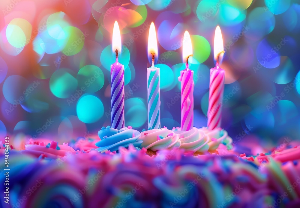 Colorful birthday cake with four lit candles surrounded by shimmering decorations at a festive celebration Colorful birthday cake with four lit candles surrounded by shimmering decorations at a festive celebration