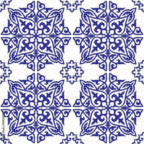 Geometric Moroccan Seamless Pattern Arabesque blue. Moroccan azulejo pattern, majolica tile,Talavera, Damask. Portuguese azulejo tile pattern floral ornament, Mediterranean ceramic, embroidery