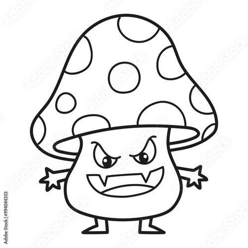 Black and white illustration of an angry poisonous mushroom, Halloween, coloring page