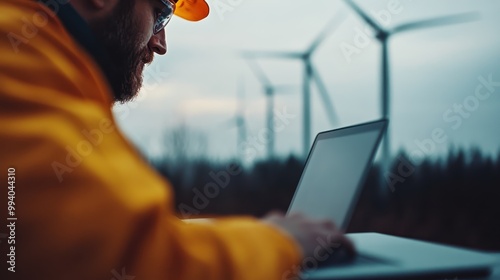 An engineer in high-visibility clothing works on a laptop outdoors, with a backdrop of large wind turbines, showcasing renewable energy technology and fieldwork. photo