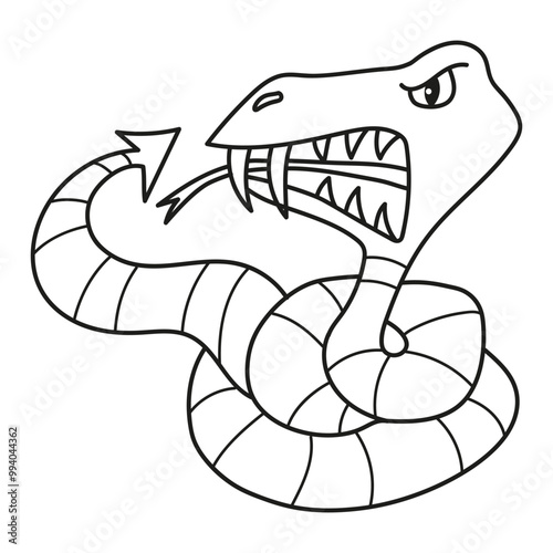 Black and white illustration of a scary angry coiled poisonous snake showing its fangs, Halloween, coloring page