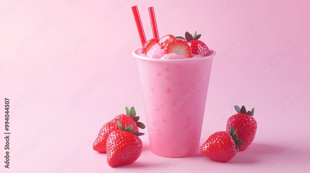 A pink strawberry smoothie in a cup, topped with fresh strawberries and two straws. A pink strawberry smoothie in a cup, topped with fresh strawberries and two straws.