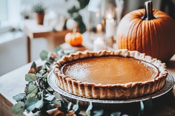 Cozy autumn pumpkin pie on festive table